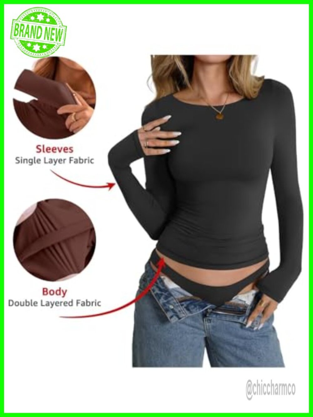 Double Lined Long Sleeve Boat Neck Tops Slim Fitted Tees Going Out Tops - Picture 3 of 7